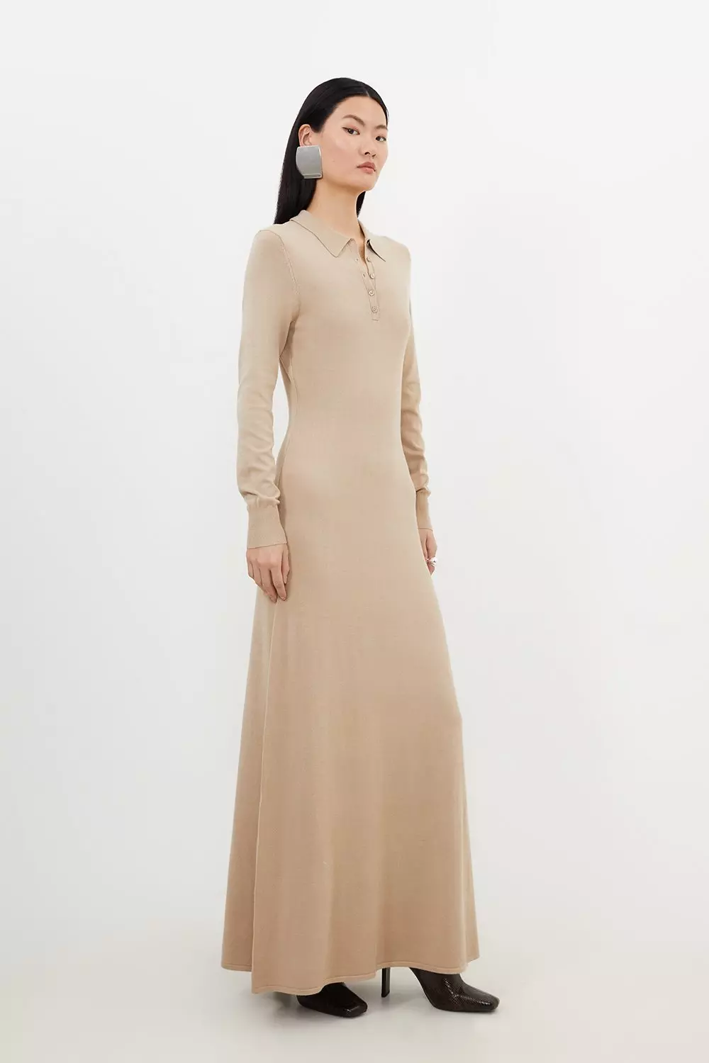 Viscose Blend Polo Knit Collar Maxi Dress | Karen Millen