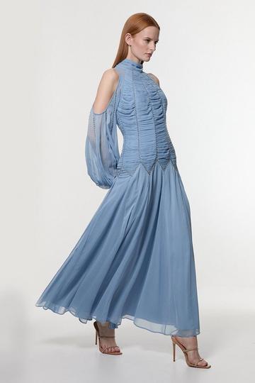 Blue High Neck Embellished Ruched Georgette Woven Maxi Dress