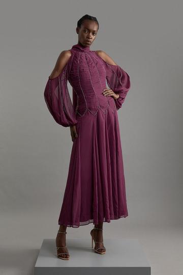 High Neck Embellished Ruched Georgette Woven Maxi Dress mulberry