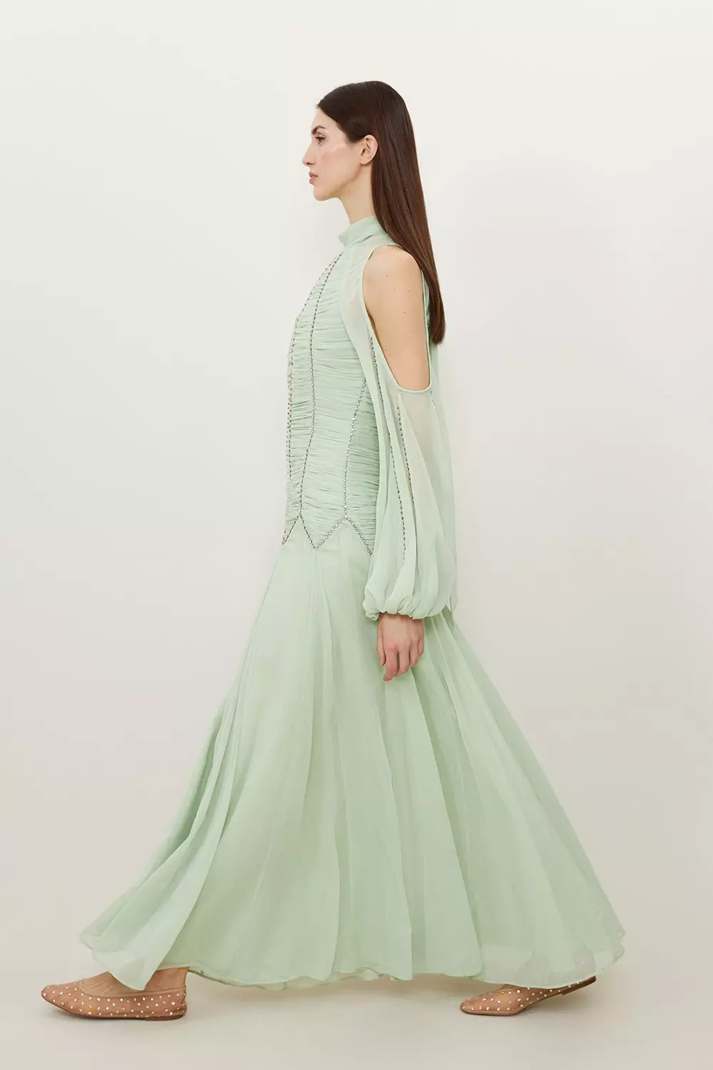 High Neck Embellished Ruched Georgette Woven Maxi Dress