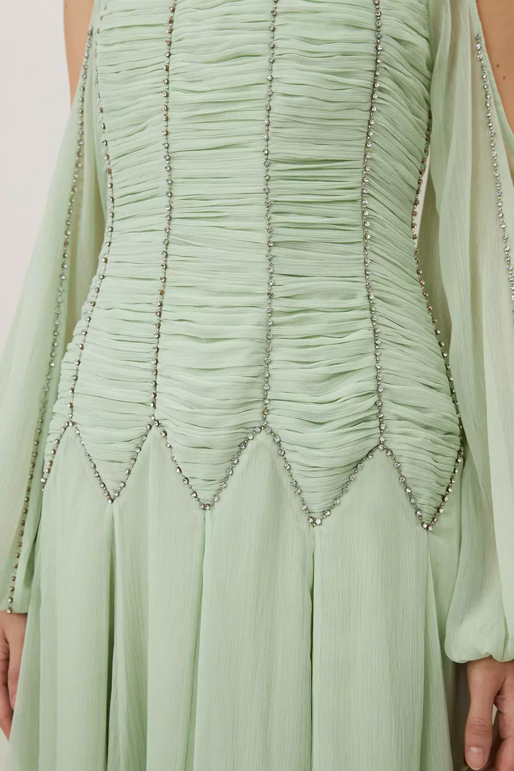 High Neck Embellished Ruched Georgette Woven Maxi Dress