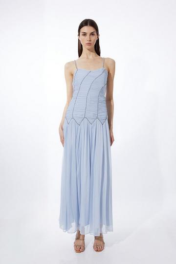 Blue Strappy Embellished Ruched Georgette Woven Maxi Dress