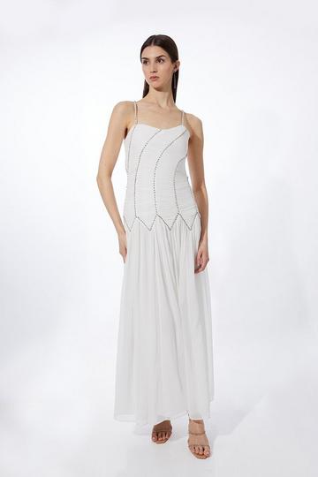 Strappy Embellished Ruched Georgette Woven Maxi Dress white