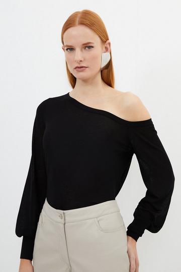 Black Lightweight Viscose Blend Summer Knit Off Shoulder Top