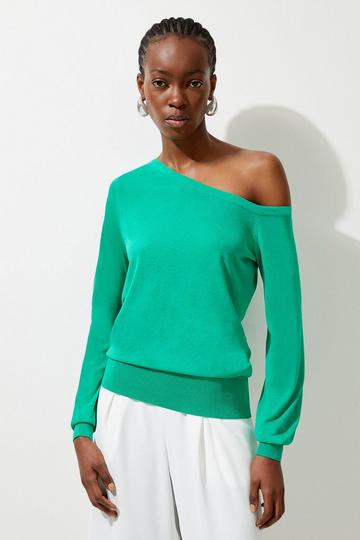 Green Lightweight Viscose Blend Summer Knit Off Shoulder Top