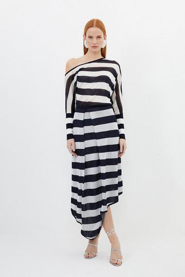 Slinky Viscose Blend Off Shoulder Asymmetric Midaxi Dress stripe