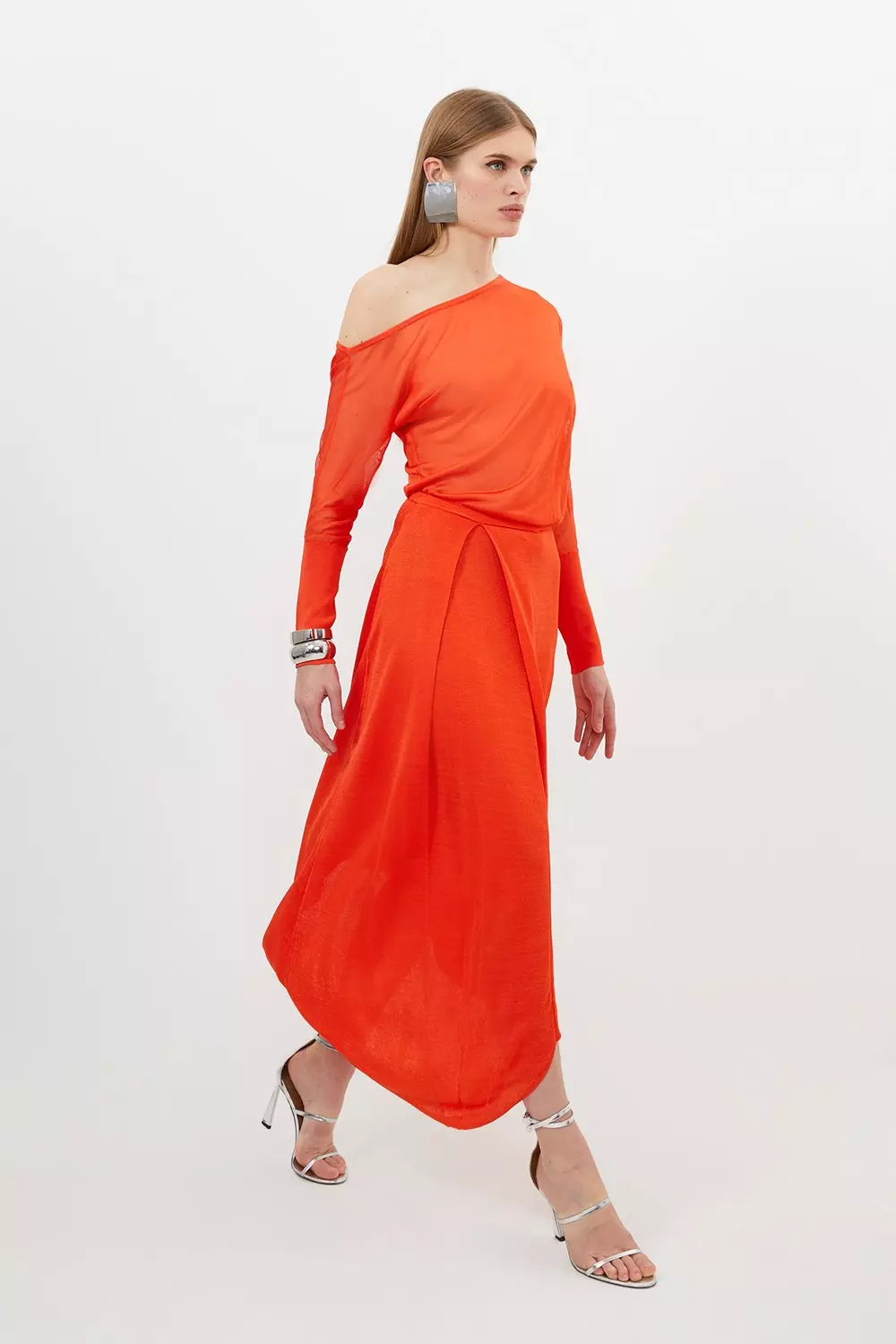 Slinky Viscose Blend Off Shoulder Asymmetric Midaxi Dress Karen Millen