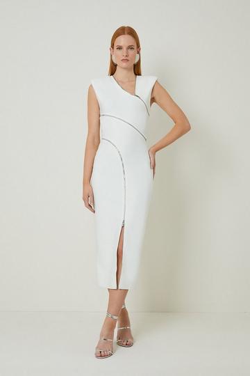 Cream White Bandage Form Fitting Zip Detail Midi Dress