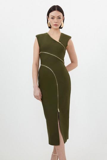 Bandage Form Fitting Zip Detail Midi Dress khaki