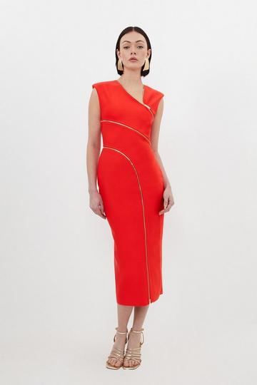 Red Bandage Form Fitting Zip Detail Midi Dress