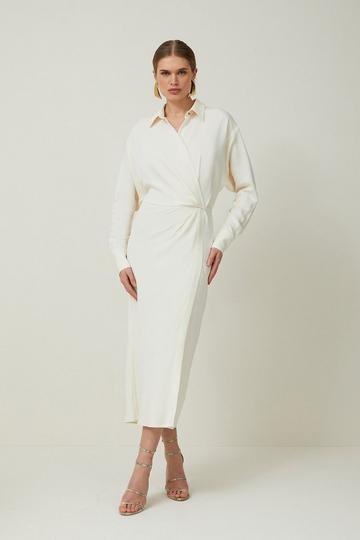 Cream White Petite Viscose Crepe Long Sleeve Woven Midi Shirt Dress