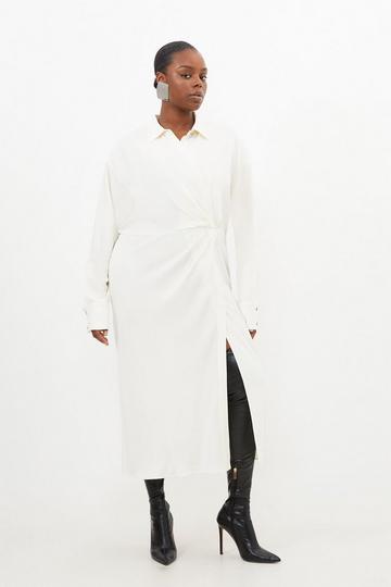 Cream White Plus Size Viscose Crepe Long Sleeve Woven Midi Shirt Dress