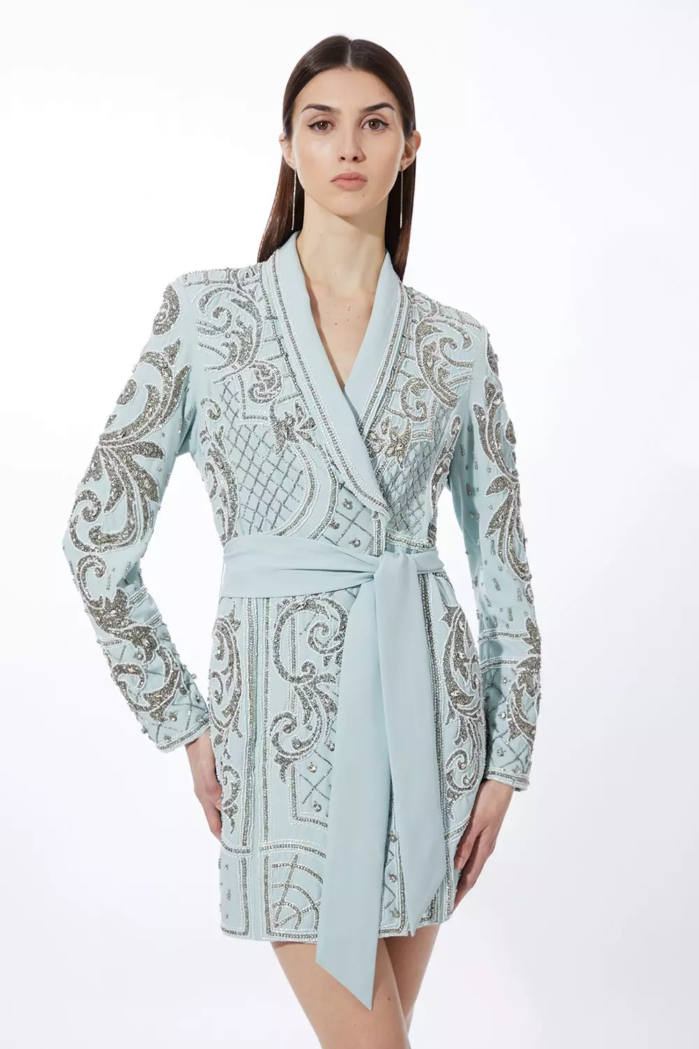 KAREN MILLEN ミニドレス 長袖 ブレザー クリスタル Ｖネック Tailored Viscose Crystal Embellished Blazer Mini Dress