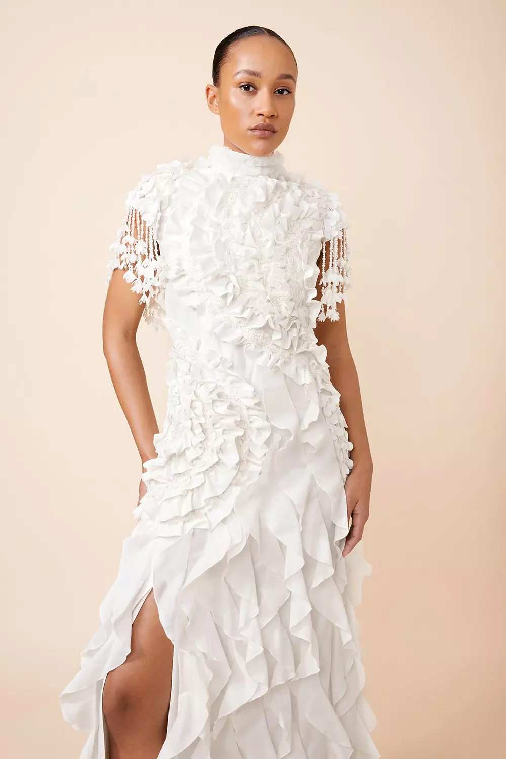 White Drama Ruffle Lace Mix Woven Maxi Dress  alternative image