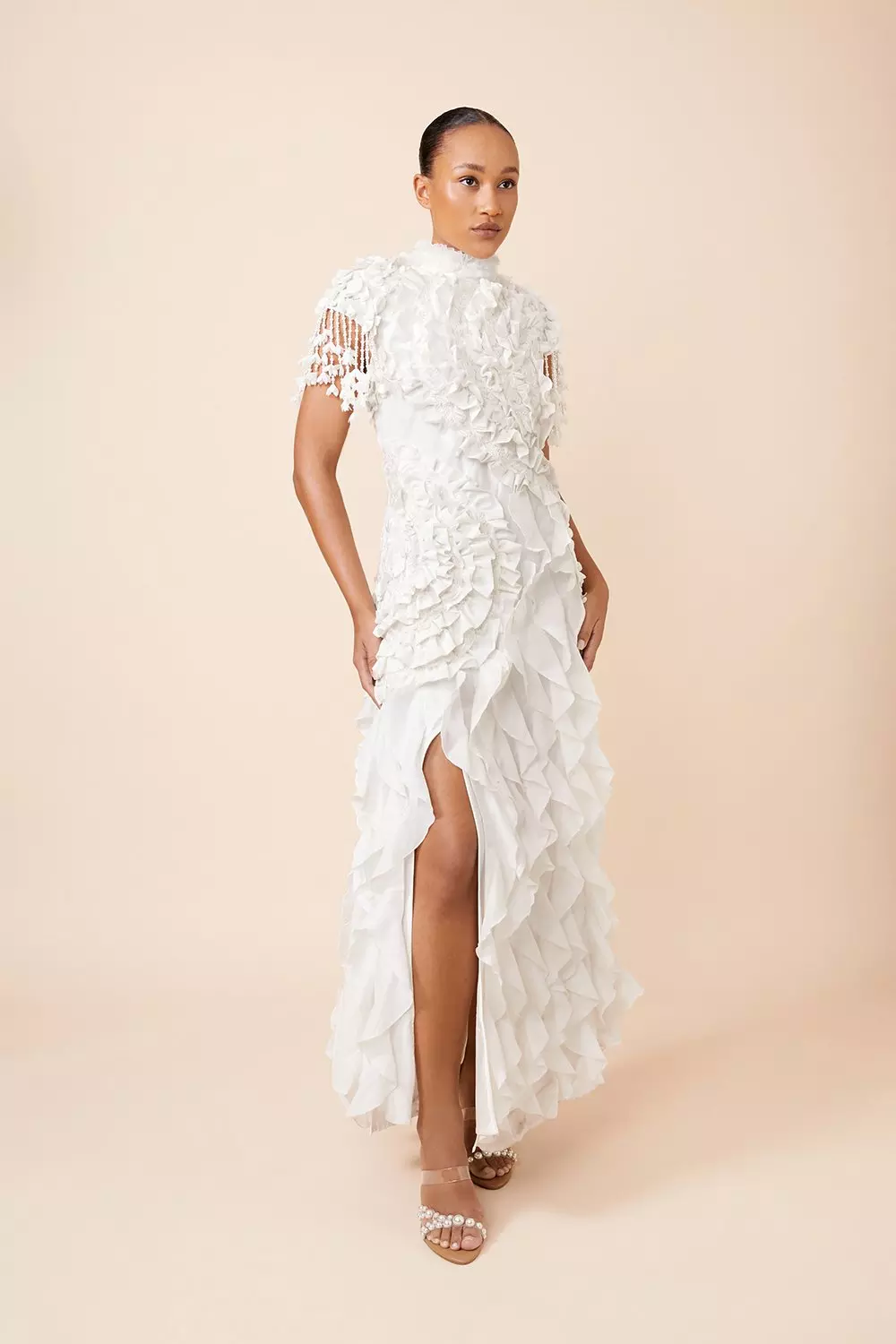 White Drama Ruffle Lace Mix Woven Maxi Dress  alternative image