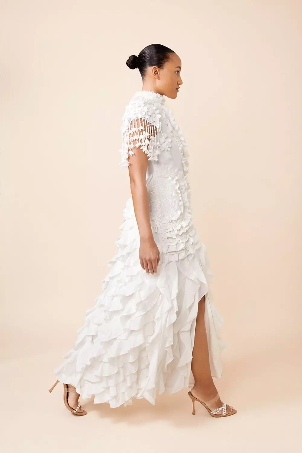 White Drama Ruffle Lace Mix Woven Maxi Dress  alternative image