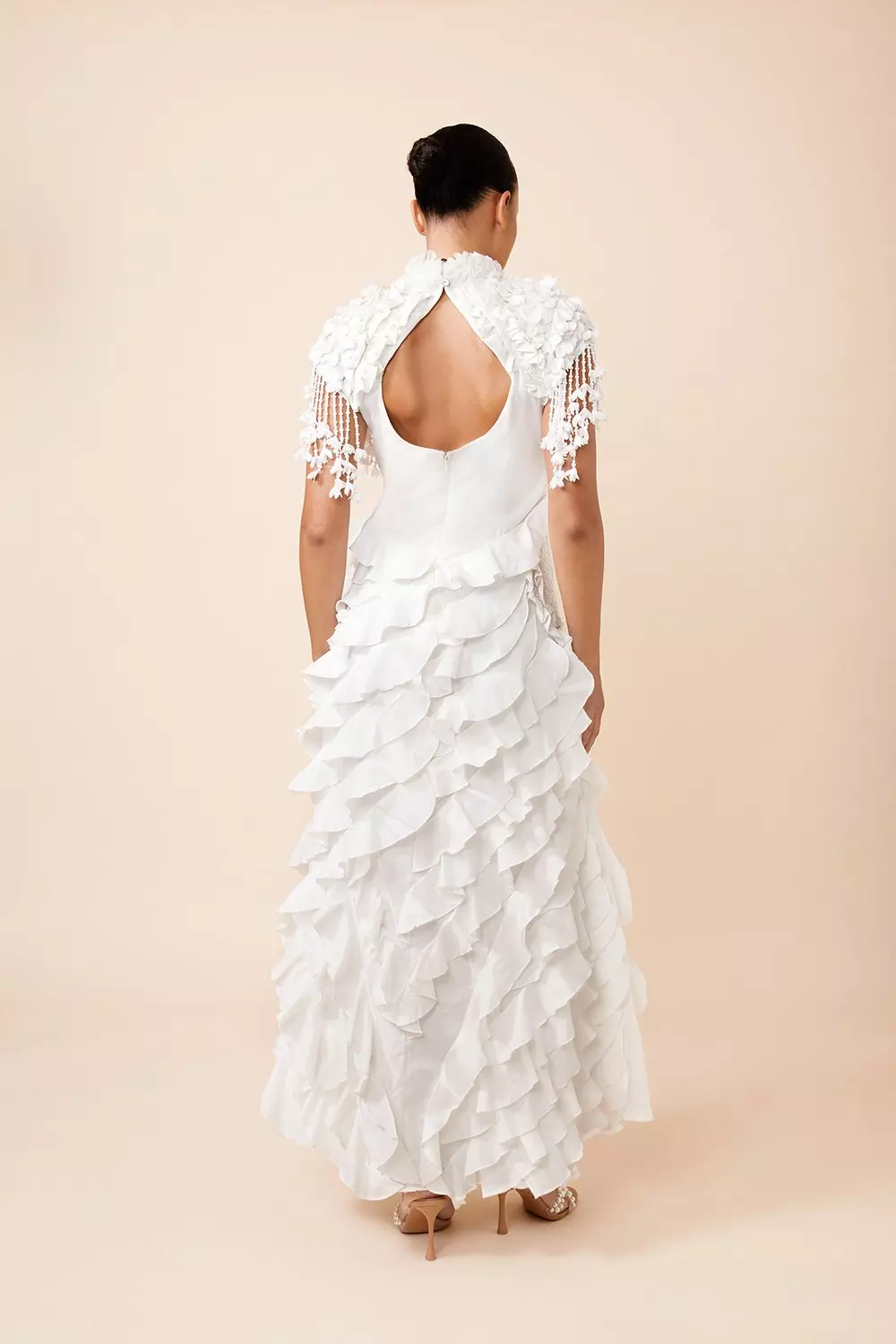White Drama Ruffle Lace Mix Woven Maxi Dress  alternative image