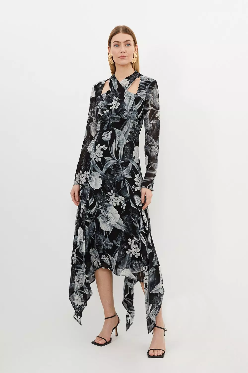 Bandage Halterneck Long Sleeve Floral Dresses