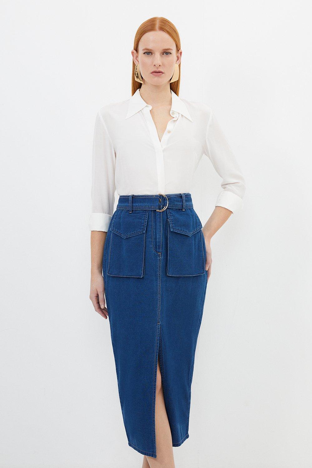 Karen millen coated denim midi skirt hotsell