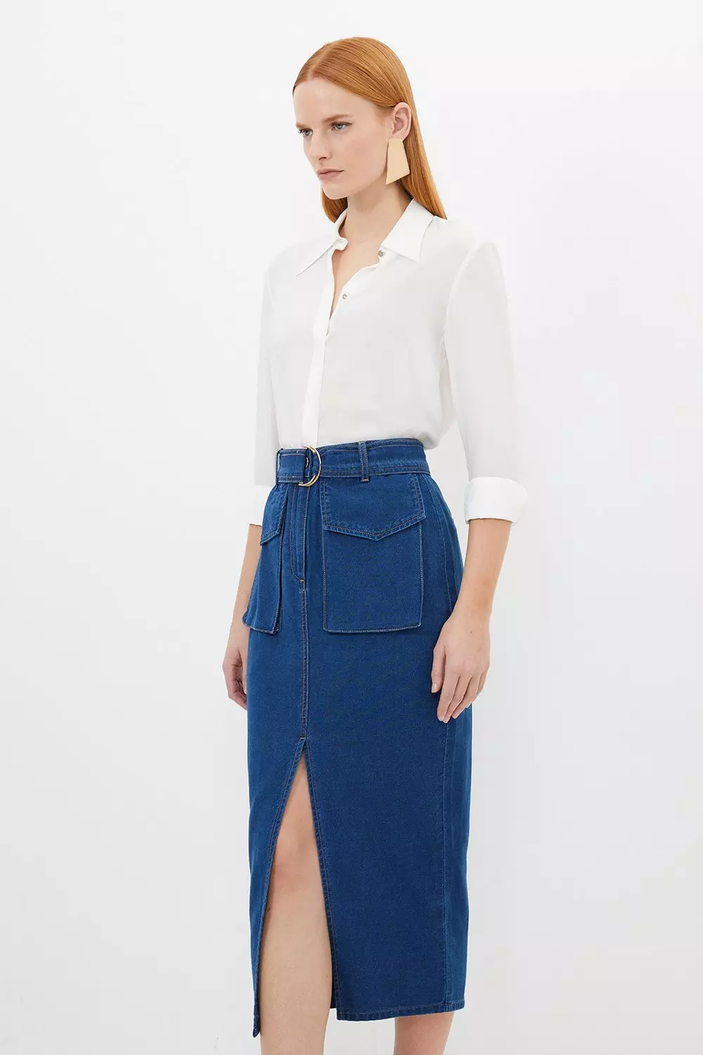 Stretch Woven Denim Midi Skirt Karen Millen