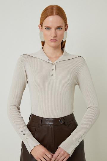 Viscose Blend Trimmed Collared Knit Top stone