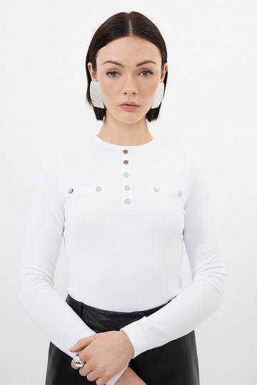 White Viscose Blend Knit Trimmed Top