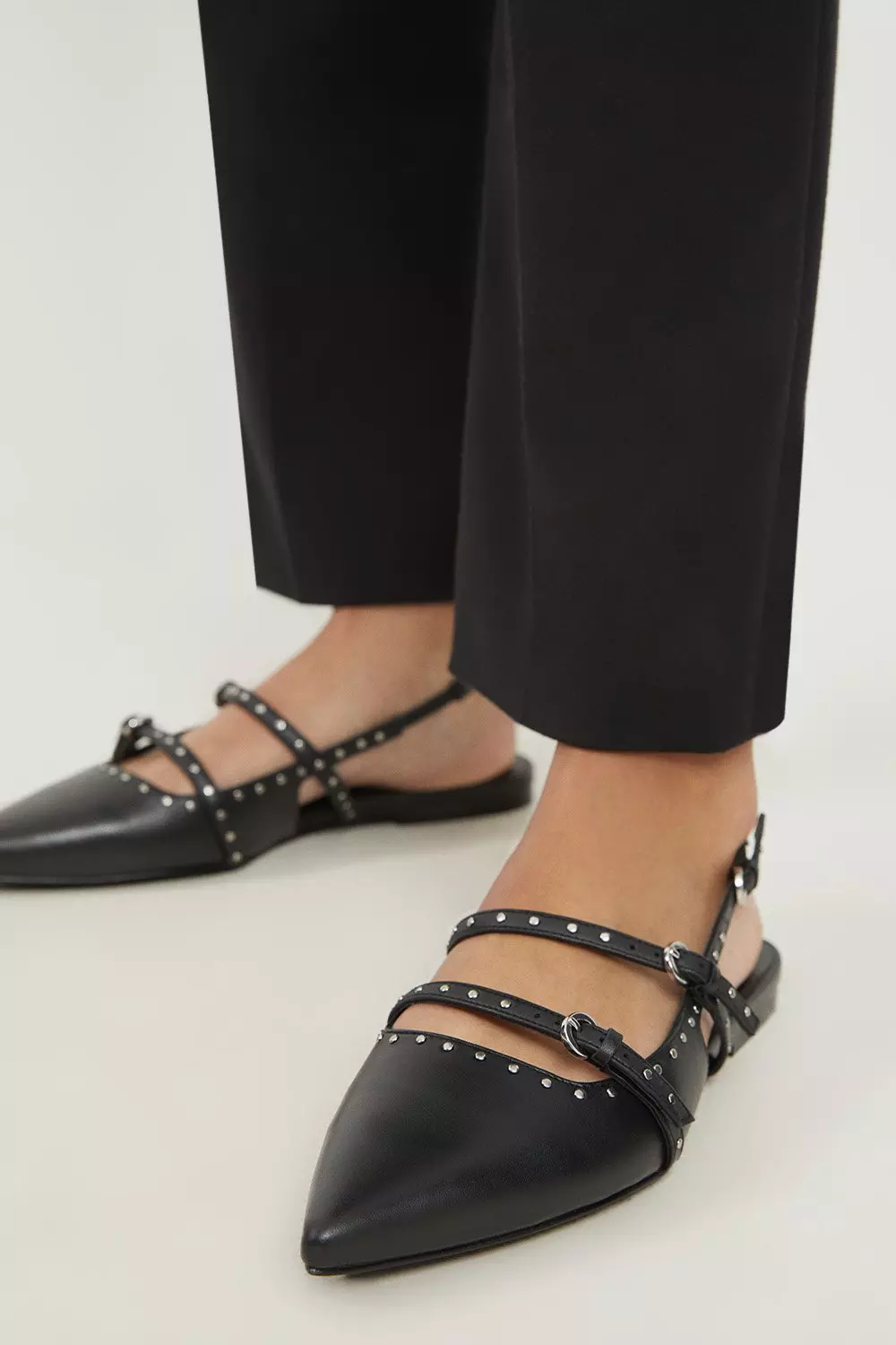 Leather Double Buckle Strap Studded Slingback Pointed Flats Karen Millen