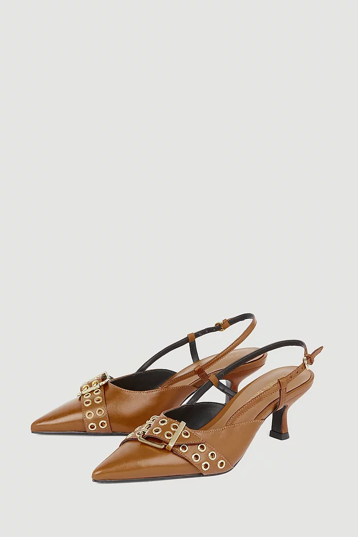 Leather Double Buckle Detail Slingback Heeled Mules | Karen Leather Double Buckle Detail Slingback Heeled Mules | Karen