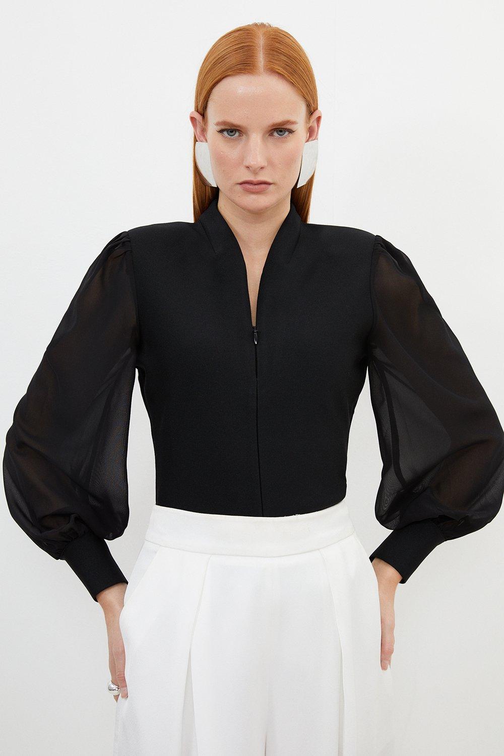 Bandage Figure Form Zip Detail Chiffon Sleeve Knit Top | Karen Millen