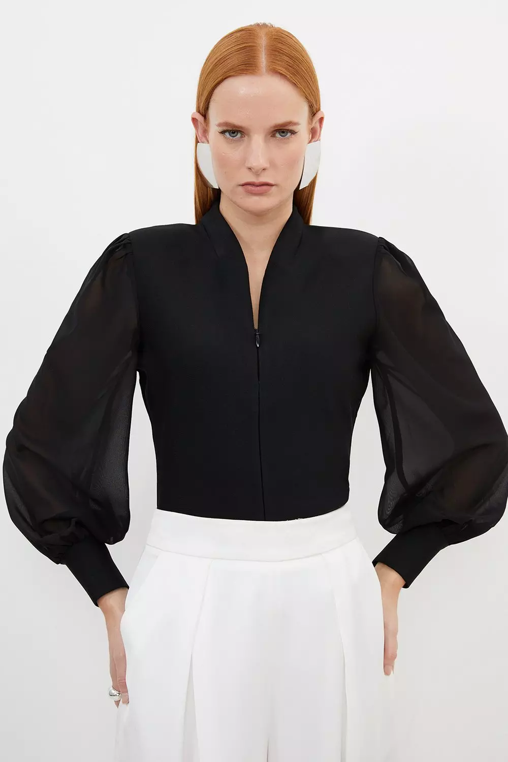 Black Bandage Figure Form Zip Detail Chiffon Sleeve Knit Top alternative image