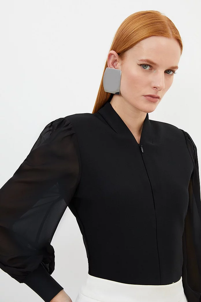 Bandage Figure Form Zip Detail Chiffon Sleeve Knit Top Bandage Figure Form Zip Detail Chiffon Sleeve Knit Top