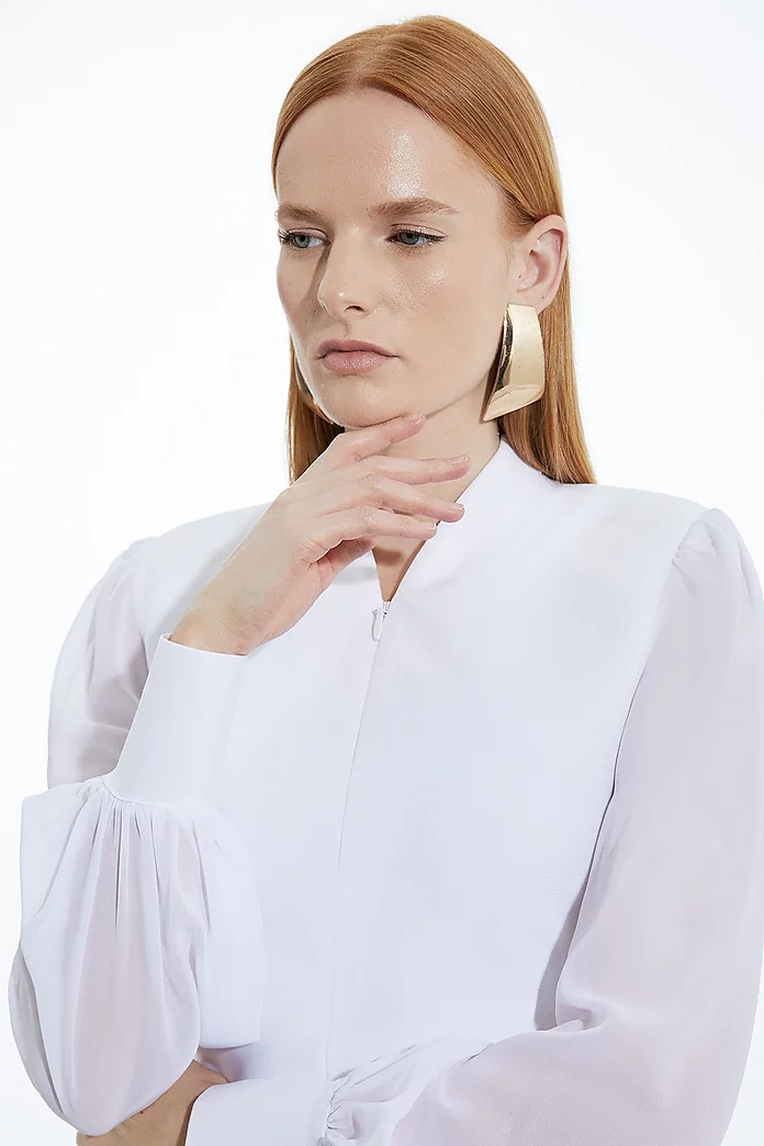 Bandage Figure Form Zip Detail Chiffon Sleeve Knit Top Bandage Figure Form Zip Detail Chiffon Sleeve Knit Top
