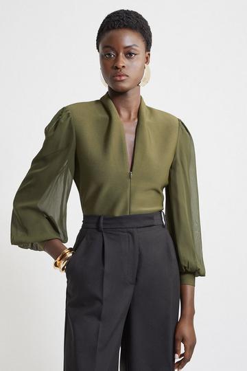 Bandage Figure Form Zip Detail Chiffon Sleeve Knit Top olive