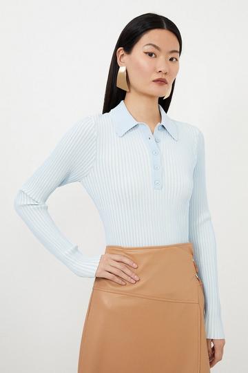 Blue Premium Viscose Blend Plaited Knit Polo Top