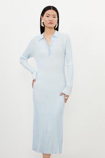 Blue Premium Viscose Blend Plaited Knit Midi Polo Dress