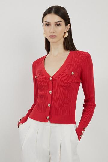 Red Viscose Blend Dry Handle Rib Military Trim Cardigan