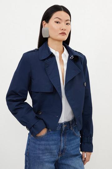 Navy Crop Classic Belted Tailored Trench Coat