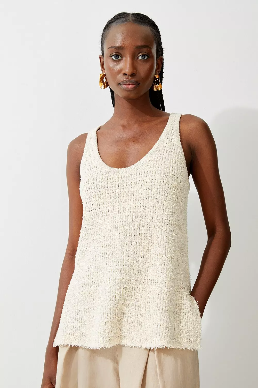 Textured Knit Cotton Blend Scoop Neck Longline Knit Tank Top | Karen Millen