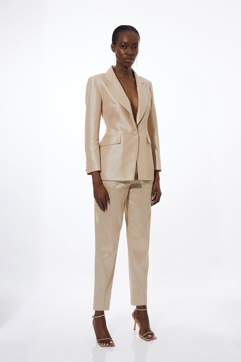 Champagne Metallic Taffeta Slim Leg Tailored Pants