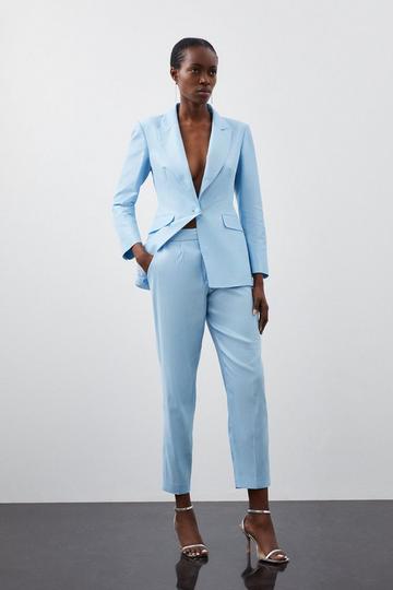 Blue Metallic Taffeta Slim Leg Tailored Trousers