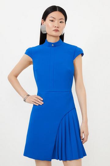 Cobalt Blue Tailored Crepe High Neck Side Pleat Detail Mini Dress