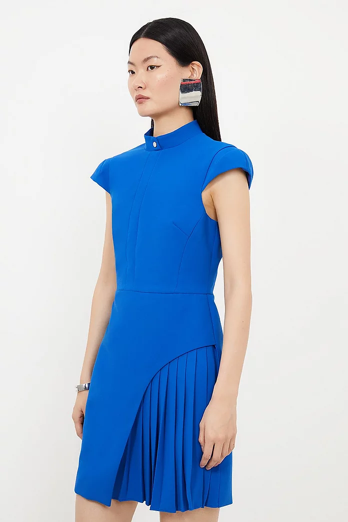 Tailored Crepe High Neck Side Pleat Detail Mini Dress Tailored Crepe High Neck Side Pleat Detail Mini Dress