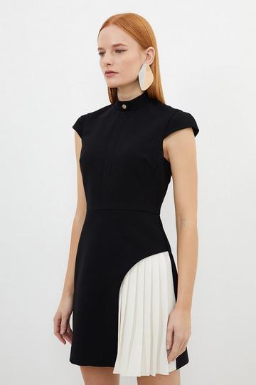 Tailored Crepe High Neck Side Pleat Detail Mini Dress mono