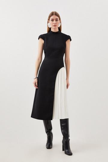 Tailored Crepe High Neck Side Pleat Detail Midi Dress mono