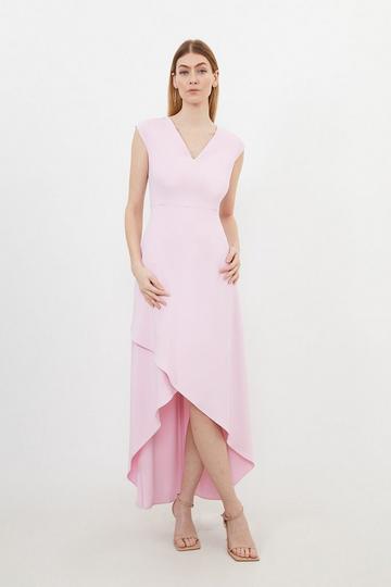 Pink Compact Stretch Viscose Drape Cap Sleeve Tailored Maxi Dress