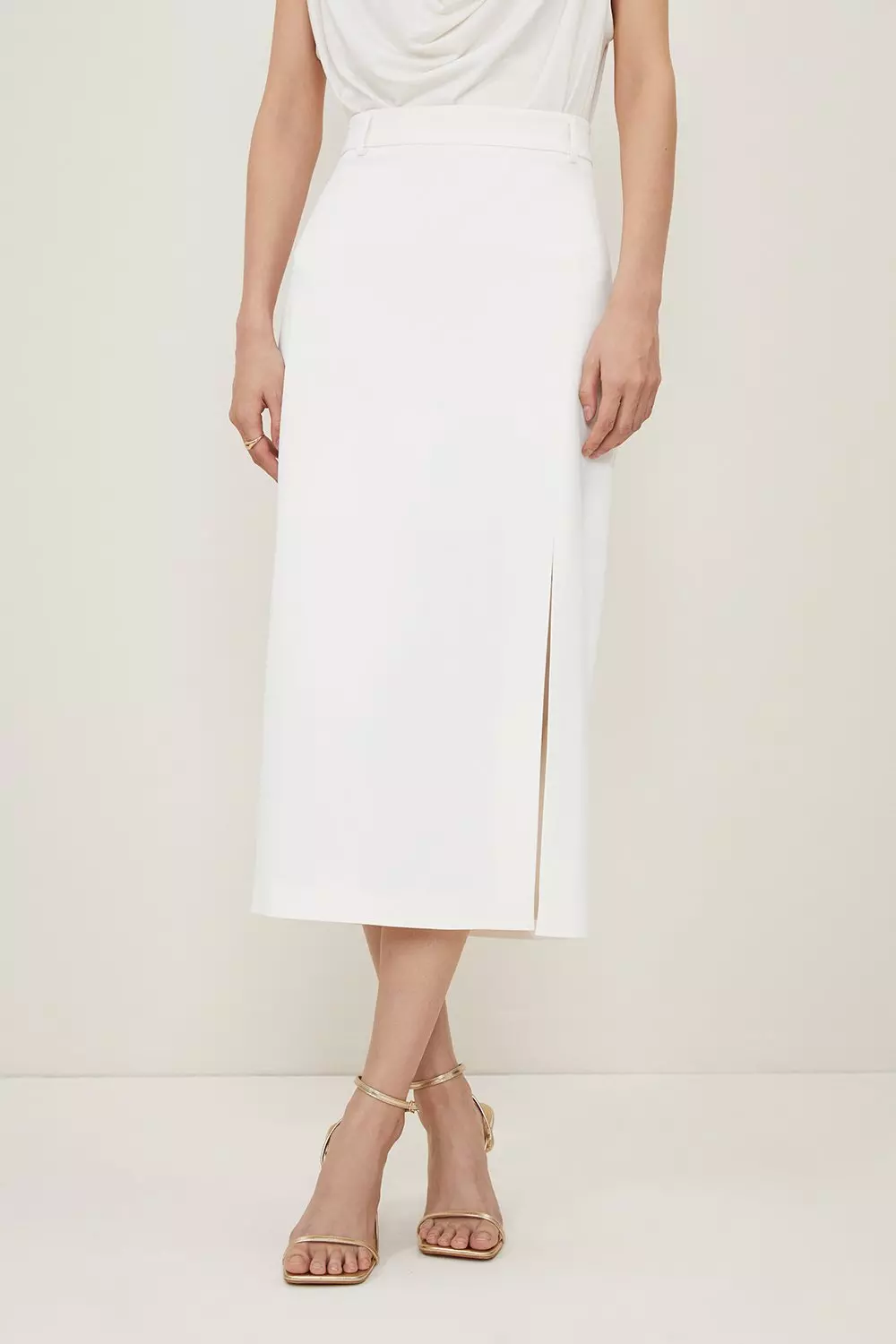 Tailored Polished Viscose Slit Detail Midi Skirt | Karen Millen