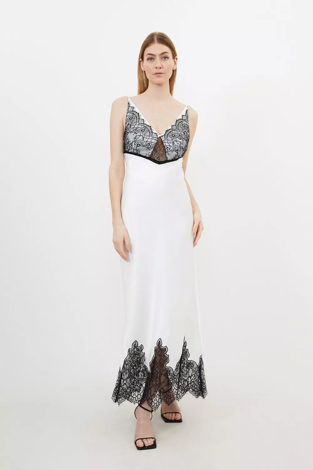 Satin Lace Strappy Woven Maxi Slip Dress | Karen Millen