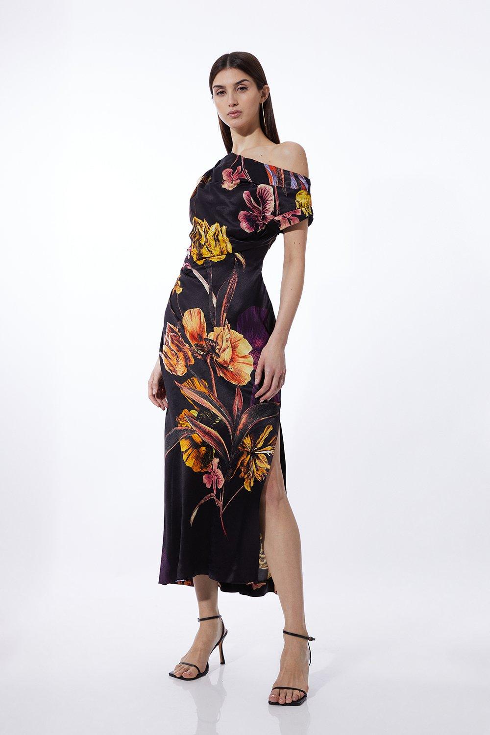 Midnight Floral Print Satin Back Crepe Woven Maxi Dress | Karen Millen