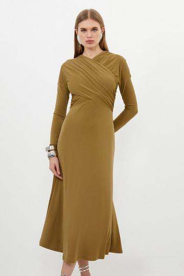 Petite Ruched Jersey Crepe Maxi Dress khaki