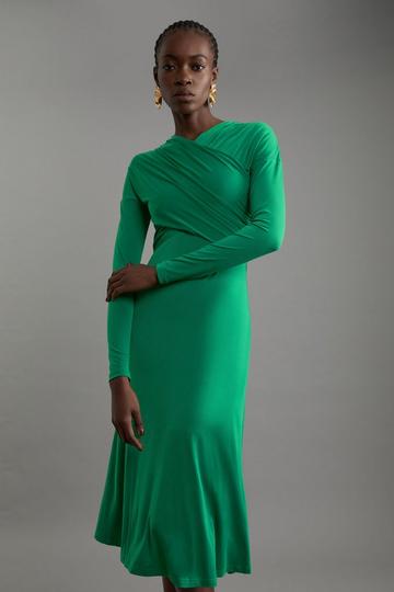 Ruched Jersey Crepe Midi Dress green